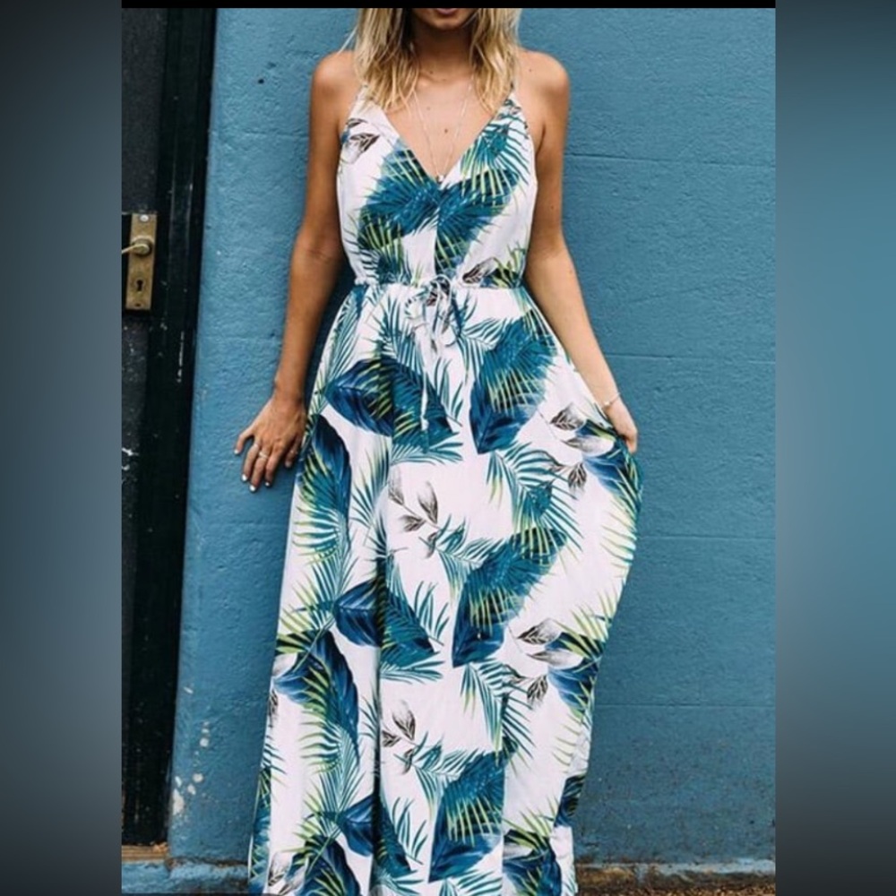❤️3X20 NEW - HUSKARY Women white and blue tropical leaf print slip maxi Dress| L
